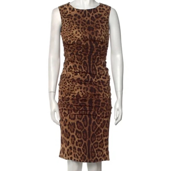 Dolce & Gabbana Leopard Print Silk Ruched Dress - Picture 1 of 3